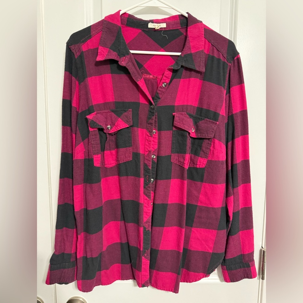Maurices Pink and Black Plaid Button-Up Shirt